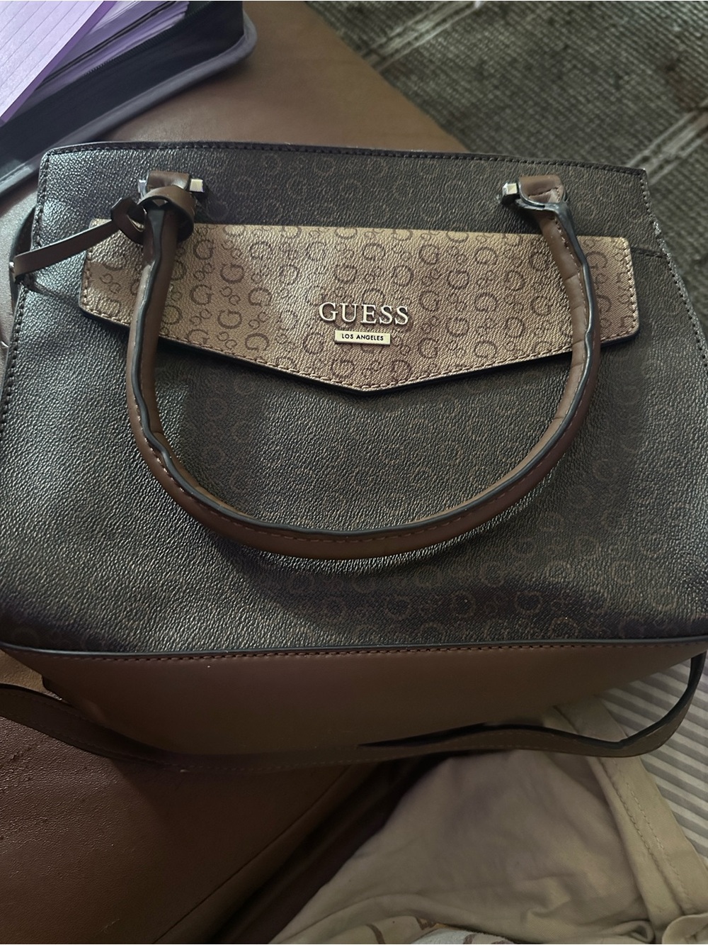 GUESS Brown and Tan Logo Satchel